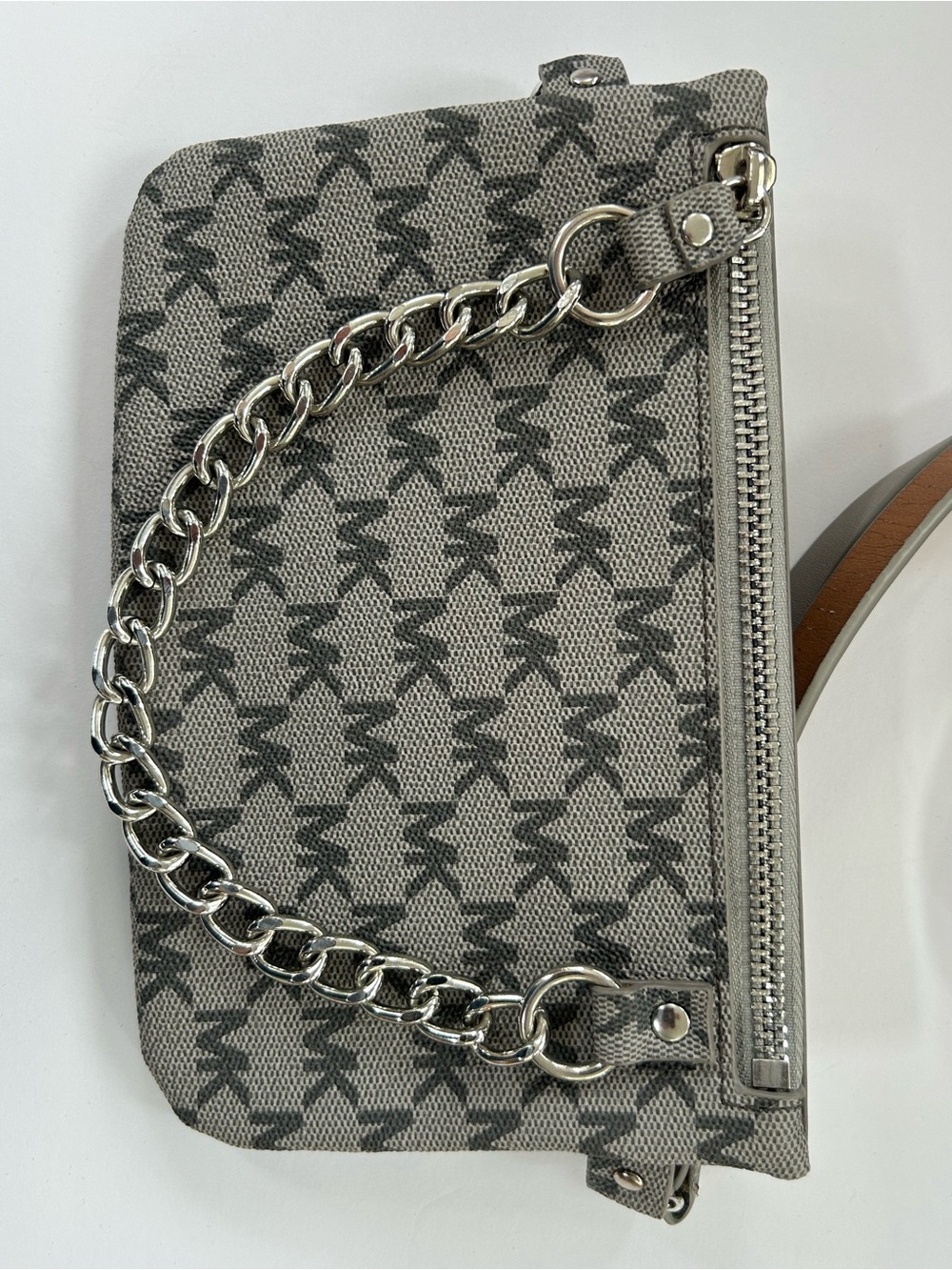 Michael Kors Silver Chain and Gray Logo Fannie pack